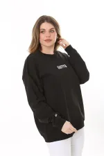 Kadın Büyük Beden Siyah Pamuk Kumaş Nakış Yazılı Sweatshirt 65N37616