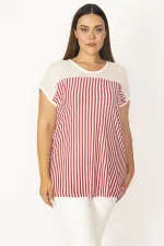 Kadın Kırmızı Ön Robası Dantel Detaylı Düşük Kollu Çizgili Bluz 65N27394