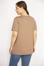 Kadın Camel Büyük Beden Yaka Pileli Ön Cepli Bluz