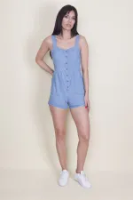 Kadın Mavi Denim Kumaş Düğme Ve Cep Detaylı Askılı Tulum