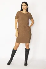 WOMEN'S BROWN SELF-STRIPED DRESS WITH POCKETS