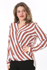 Kadın Büyük Beden Bej Dokuma Viskon Kumaş Kapalı Anvelop Bluz 65N37614