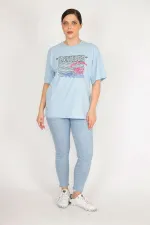 Kadın Mavi Büyük Beden Pamuklu Kumaş Ön Baskılı Bluz