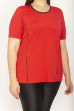 Kadın Kırmızı Yaka Ve Kup Biyeli Kısa Kollu Bluz 65N27038