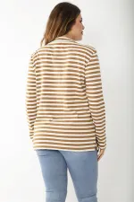 Kadın Büyük Beden Sütlükahve Uzun Kollu Çizgili Bluz 65N37217