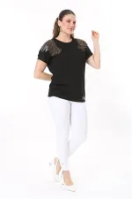 Kadın Büyük Beden Saks Angels Taş Detaylı Kısa Kollu Bluz 65N37675