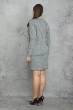 Kadın Büyük Beden Gri Ekose Desenli Bel Detaylı Anvelop Astarlı Elbise 65N37446