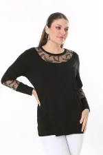 Kadın Büyük Beden Siyah Taş Ve Pul Payet Tül Detaylı Uzun Kollu Bluz 65N37693