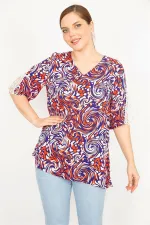 Kadın Mavi Büyük Beden Dokuma Viskon Kumaş Kolları Dantel Detaylı V Yakalı Bluz