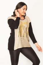 Kadın Siyah Önü Lak Baskı Detaylı İki Renkli Tunik 65N31028
