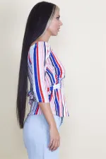 KARMEN YAKA KAPRİ KOL BEL BAĞLAMALI RENKLİ BLUZ