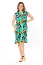 Kadın Büyük Beden Yeşil V Yakalı Desenli Kolsuz Elbise 65N37886