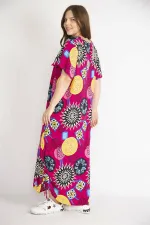 Kadın Fujya Büyük Beden Dokuma Viskon Kumaş Yaka Ve Yırtmacı Bağcık Detaylı Uzun Elbise