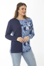 Kadın Büyük Beden Lacivert Bisiklet Yakalı Desenli Bluz 65N37027