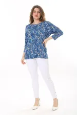 Kadın Büyük Beden Mavi Sırt Detaylı Bisiklet Yakalı Kapri Kollu Bluz 65N37586