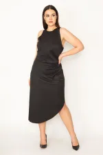 WOMEN'S BLACK DRESS WITH ASYMMETRIC WAIST PLEATED SKIRT AND HIDDEN ZIPPER AT THE BACK