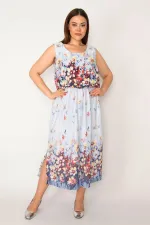Kadın Mavi Bel Kısmı Lastikli Desenli Elbise 65N33217