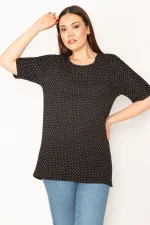 KADIN SİYAH PUAN DESENLİ BİSİKLET YAKA KISA KOLLU BLUZ