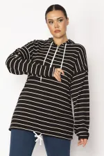 Women's Black Plus Size Front Placket Zippered Eyelet and Lace Detailed Hooded Striped Tunic