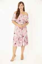 Kadın Büyük Beden Pembe Dokuma Viskon Kumaş Yakası Lastik Ve Volan Detaylı Elbise 65N36783