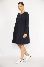 Kadın Büyük Beden Lacivert Bisiklet Yakalı Belden Büzgülü Uzun Kollu Tunik Elbise