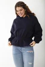 Women's Plus Size Navy Blue Inside-Red Elastic Waist Detailed Hooded Sweatshirt 65N37205