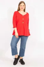 Kadın Kırmızı Büyük Beden Önü Süs Düğmeli Kol Bağcıklı Bluz 65N35734