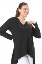 Kadın Büyük Beden Antrasit Yaka Ve Etek Ucu Saten Garnili Uzun Kollu Bluz 65N37686