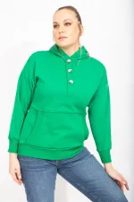 Kadın Siyah İçi Şardonlu 2 İplik Kumaş Ön Pat Düğmeli Kanguru Cep Ve Kapşonlu Sweatshirt 65N35462