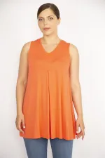 Kadın Oranj Büyük Beden V Yakalı Önü A Pile Bluz