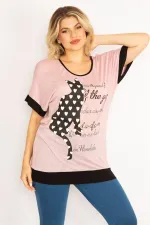 Kadın Pembe Kedi Figürlü Taş Ve Baskı Detaylı Düşük Kollu Tunik 65N34634