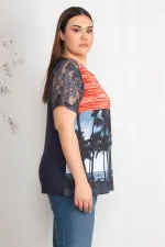 Kadın Lacivert Kolları Dantel Detaylı Desenli Bluz 65N22466