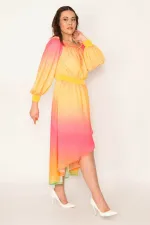 ROBE DE SOIRÉE EN MOUSSELINE DE SOIRÉE POUR FEMMES, COL COLORÉ ET DÉTAILS ÉLASTIQUES À LA TAILLE, DOS LONG DOUBLÉ