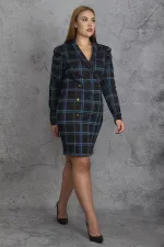 KADIN YEŞİL EKOSE DESEN METAL DÜĞMELİ KRUVAZE ELBİSE