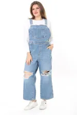 Kadın Büyük Beden Mavi Yırtık Detaylı Kot Salopet 65N37889