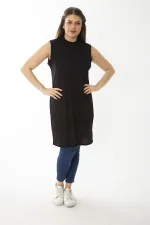 Kadın Büyük Beden Siyah Kaşkorse Kumaş Sıfır Yaka Yaka Kolsuz Uzun Bluz 65N37096