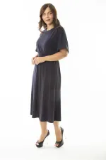 Kadın Büyük Beden Lacivert Beli Gipe Lastik Detaylı Yarasa Kol Elbise 65N36900