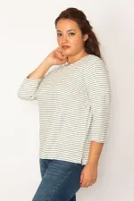WOMEN'S COLORFUL CREW-NECK CAPRI SLEEVE STRIPED BLOUSE