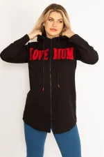 Kadın Siyah Kapşonlu Ön Fermuar Ve Baskı Detaylı Sweatshirt 65N34681