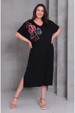 Kadın Büyük Beden Siyah, Omuz Çiçek Nakışlı, Rahat Kesim V Yaka Elbise 65N39078