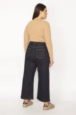 Kadın Lacivert Geniş Paçalı Yüksek Bel 5 Cepli Likralı Kot Pantolon 65N29279