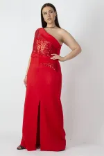 Kadın Kırmızı Tek Omuzlu Payet Detaylı Uzun Abiye Elbise 65N28080