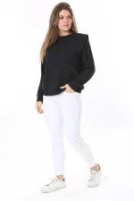 Women's Plus Size Black Shoulder Detailed Front Printed Sweatshirt 65N38050