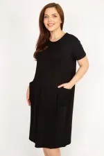 Kadın Lacivert Büyük Beden Cebi File Detaylı Kısa Kollu Viskon Elbise