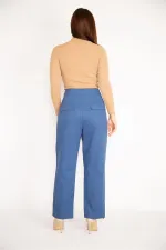 Kadın İndigo Ön Cepli Paçası Düğme İle Duble Paça Boy Ayarlı Gabardin Kumaş Pantolon 65N34888