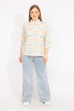 Kadın Renkli Büyük Beden Pamuklu Kumaş Ön Pat Fermuarlı Renkli Bluz 65N35570