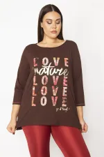 Kadın Kahve Pamuklu Kumaş Lak Baskılı Kapri Kollu Bluz 65N29499