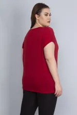 Kadın Bordo Baskı Detaylı Düşük Kol Bluz 65N22675
