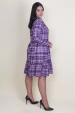 Kadın Lila Ekose Desenli Bel Kısmı Lastikli Etek Ucu Volanlı Elbise 65N18211