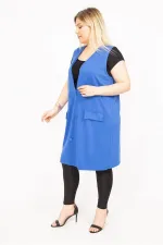 Kadın Saks Büyük Beden Ön Düğmeli Süs Cepli Uzun Yelek 65N35779